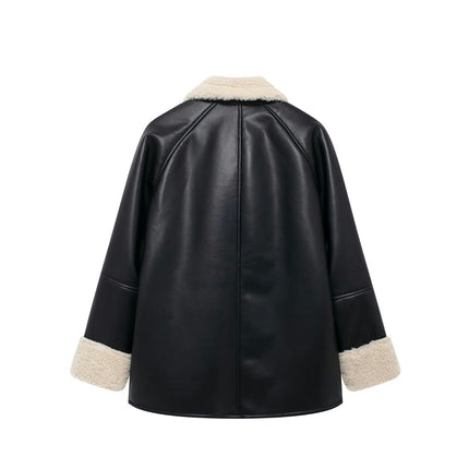 Women's Faux Shearing Moto Bomber Jacket Sherpa-Lined Coat Winter Faux Leather Outerwear