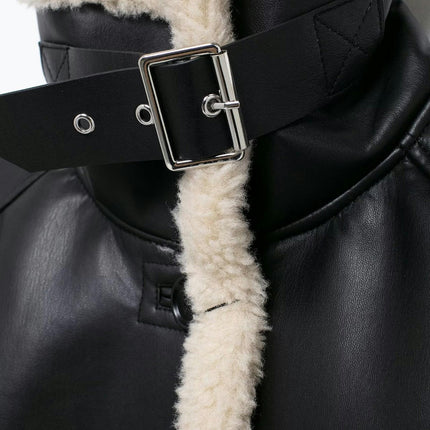 Women's Faux Shearing Moto Bomber Jacket Sherpa-Lined Coat Winter Faux Leather Outerwear