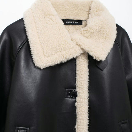 Women's Faux Shearing Moto Bomber Jacket Sherpa-Lined Coat Winter Faux Leather Outerwear