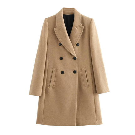 Women's Notched Lapel Jacket Double Breasted Mid-Long Blend Coat Overcoat