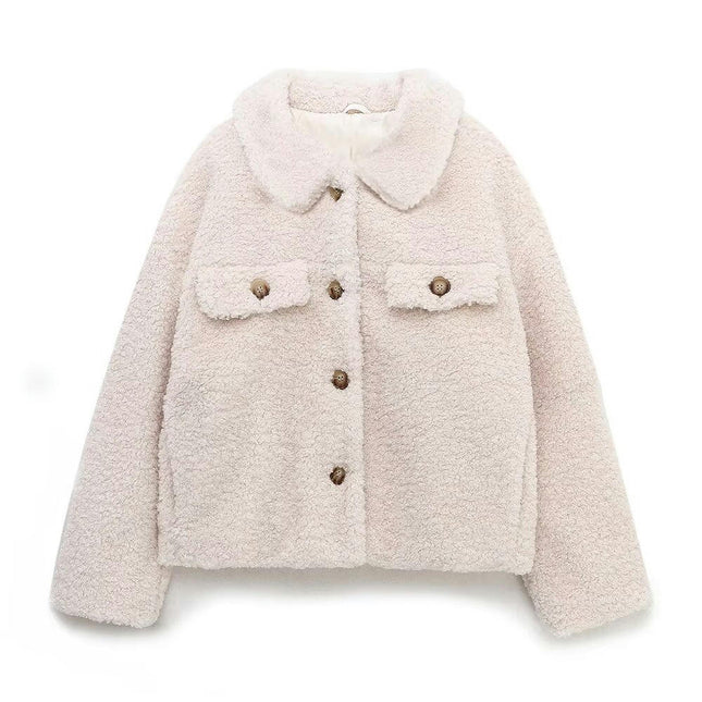 Womens Faux Fur Coat Button Down Lapel Shaggy Teddy Fleece Cropped Jacket