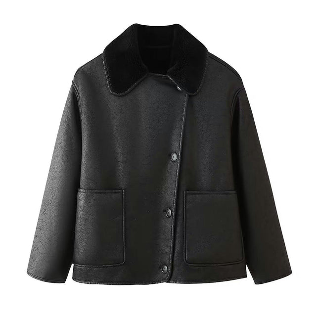 Women Faux Leather Jacket with Faux Fur Lining Warm Winter Button Down Biker Coat