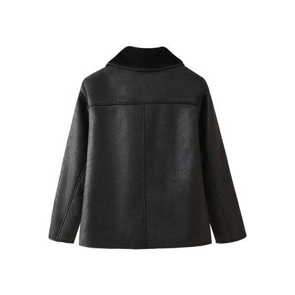 Women Faux Leather Jacket with Faux Fur Lining Warm Winter Button Down Biker Coat