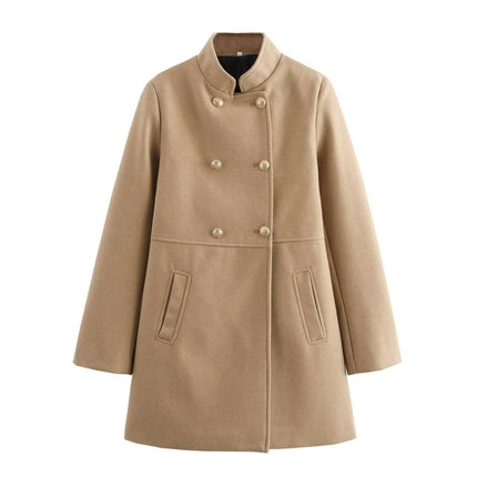 Women's Winter Wool Blend Coat Stand Collar Double Breasted Trench Coat Overcoat