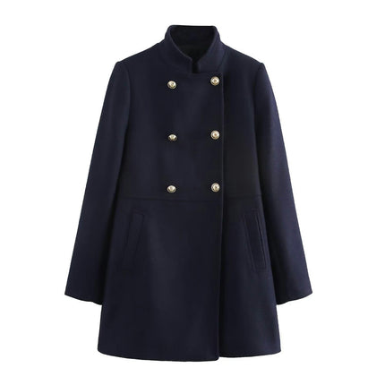 Women's Winter Wool Blend Coat Stand Collar Double Breasted Trench Coat Overcoat
