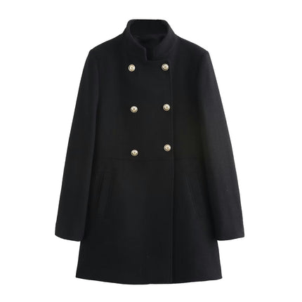 Women's Winter Wool Blend Coat Stand Collar Double Breasted Trench Coat Overcoat