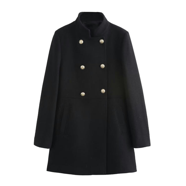 Women's Winter Wool Blend Coat Stand Collar Double Breasted Trench Coat Overcoat
