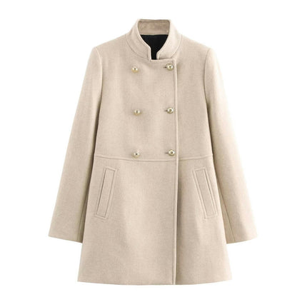 Women's Winter Wool Blend Coat Stand Collar Double Breasted Trench Coat Overcoat