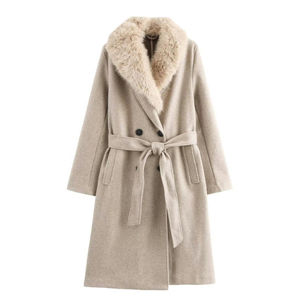 Women Wool Blend Trench Coat Mid-length Double Breasted Jacket with Faux Fur Collar