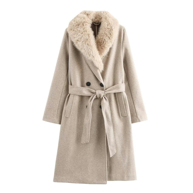 Women Wool Blend Trench Coat Mid-length Double Breasted Jacket with Faux Fur Collar