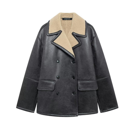Women's Faux Shearing Fur Winter Coat Warm Thick Fur Lined Faux Leather Jacket