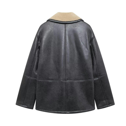 Women's Faux Shearing Fur Winter Coat Warm Thick Fur Lined Faux Leather Jacket