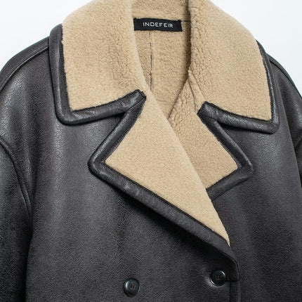 Women's Faux Shearing Fur Winter Coat Warm Thick Fur Lined Faux Leather Jacket