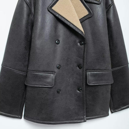 Women's Faux Shearing Fur Winter Coat Warm Thick Fur Lined Faux Leather Jacket