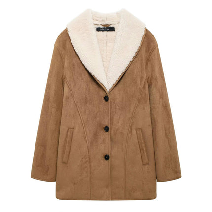 Womens Winter Faux Suede Jacket Sherpa Lined Button Down Lapel Fleece Winter Coat with Pockets