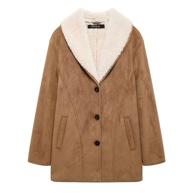 Womens Winter Faux Suede Jacket Sherpa Lined Button Down Lapel Fleece Winter Coat with Pockets
