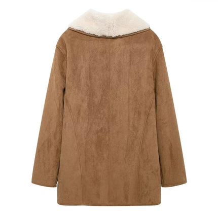 Womens Winter Faux Suede Jacket Sherpa Lined Button Down Lapel Fleece Winter Coat with Pockets