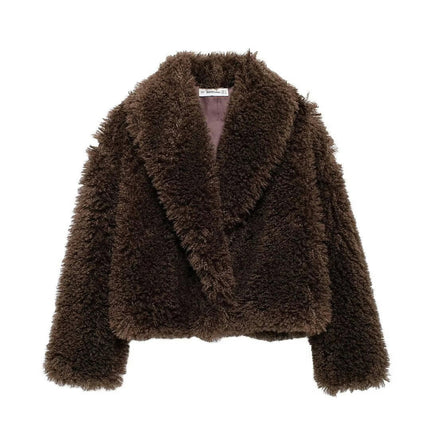 Women's Cropped Faux Fur Jacket Warm Winter Long Sleeve Coats Shaggy Furry Outerwear