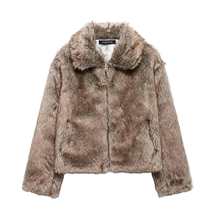 Womens Cropped Faux Fur Jacket Shaggy Lapel Zip Up Winter Coats Fuzzy Warm Outerwear