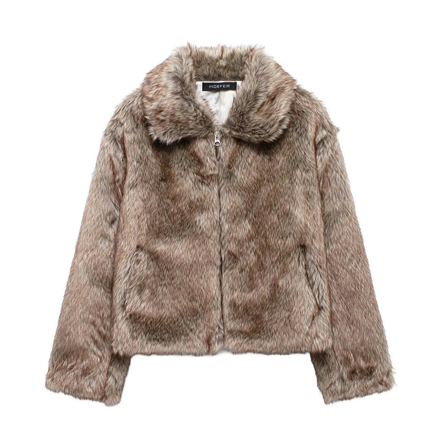 Womens Cropped Faux Fur Jacket Shaggy Lapel Zip Up Winter Coats Fuzzy Warm Outerwear