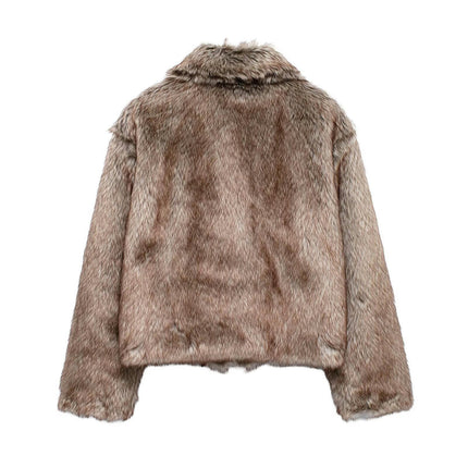Womens Cropped Faux Fur Jacket Shaggy Lapel Zip Up Winter Coats Fuzzy Warm Outerwear