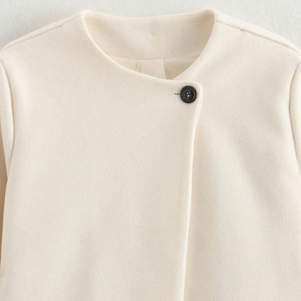 Womens Cropped Jacket Elegant Button Long Sleeve Short Coat Crew Neck Outerwear