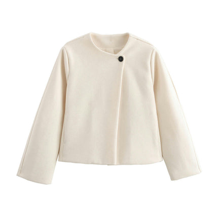 Womens Cropped Jacket Elegant Button Long Sleeve Short Coat Crew Neck Outerwear