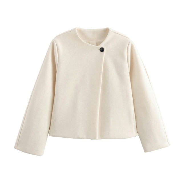 Womens Cropped Jacket Elegant Button Long Sleeve Short Coat Crew Neck Outerwear