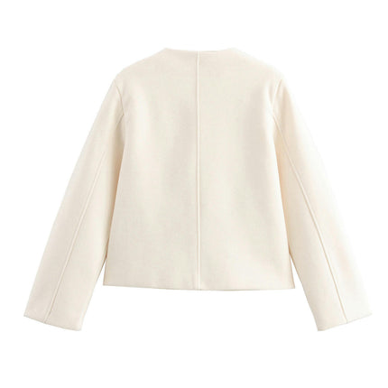 Womens Cropped Jacket Elegant Button Long Sleeve Short Coat Crew Neck Outerwear