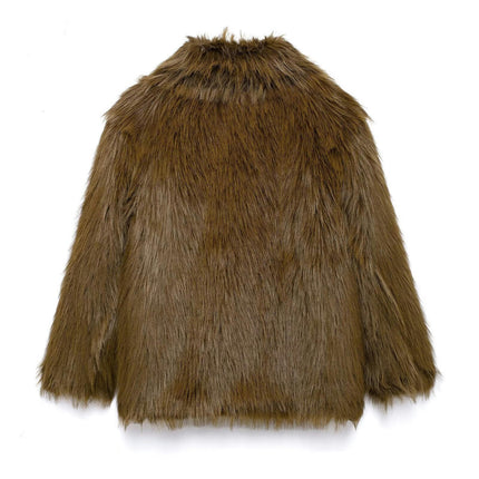 Women's Cropped Faux Fur Jacket Lapel Furry Coat Winter Warm Fluffy Overcoat