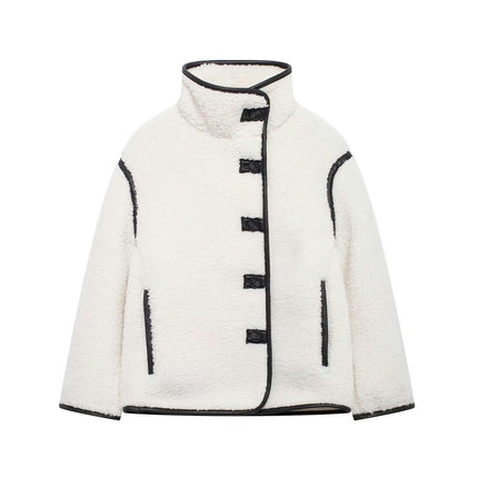 Women Faux Fur Jackets Stand Collar Fleece Buttons Shaggy Winter Warm Outerwear Coats