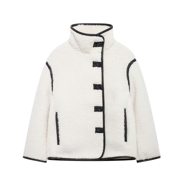 Women Faux Fur Jackets Stand Collar Fleece Buttons Shaggy Winter Warm Outerwear Coats