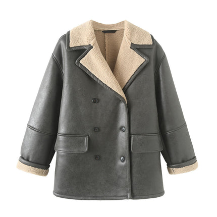 Women Winter Faux Leather Jacket Sherpa Fleece Lined Motorcycle Coat