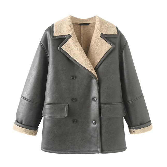Women Winter Faux Leather Jacket Sherpa Fleece Lined Motorcycle Coat