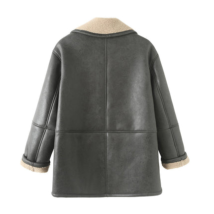 Women Winter Faux Leather Jacket Sherpa Fleece Lined Motorcycle Coat