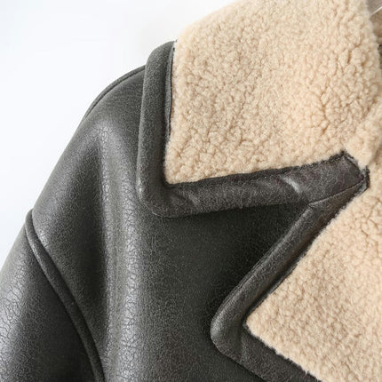 Women Winter Faux Leather Jacket Sherpa Fleece Lined Motorcycle Coat