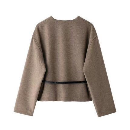 Womens Cropped Jackets Fall Winter V Neck Short Coats Outerwear with Belt