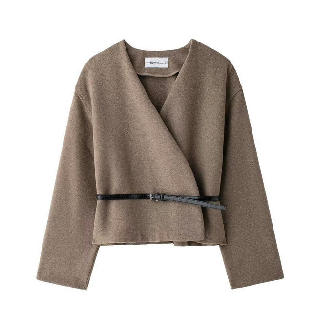 Womens Cropped Jackets Fall Winter V Neck Short Coats Outerwear with Belt