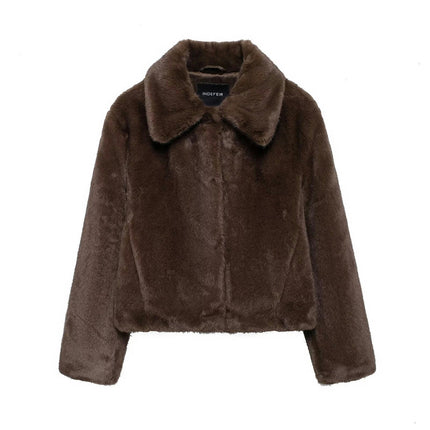 Women's Cropped Faux Fur Jacket Long Sleeve Warm Winter Coats Shaggy Outerwear with Pockets