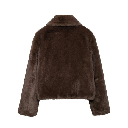 Women's Cropped Faux Fur Jacket Long Sleeve Warm Winter Coats Shaggy Outerwear with Pockets