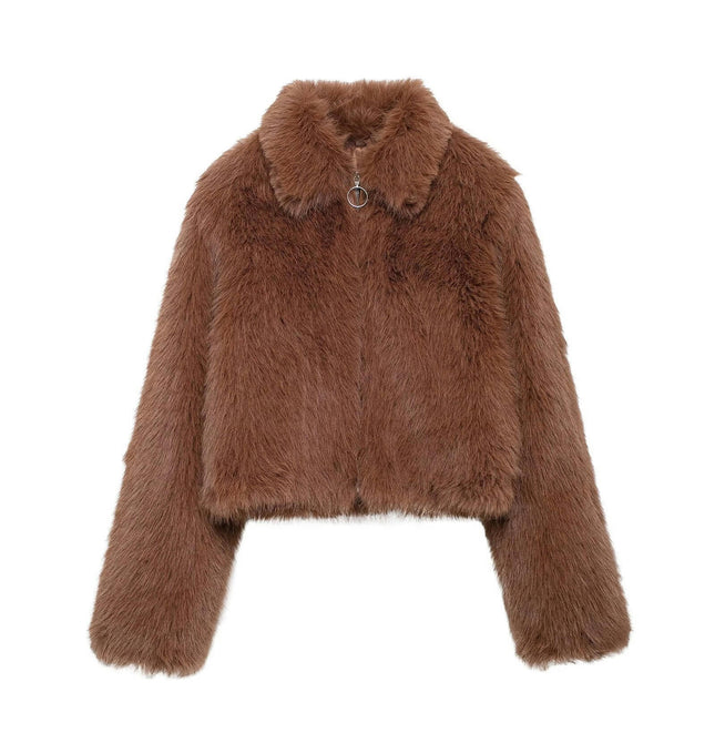 Womens Winter Outerwear Faux Fur Long Sleeve Zip Up Crop Jacket Shaggy Coat