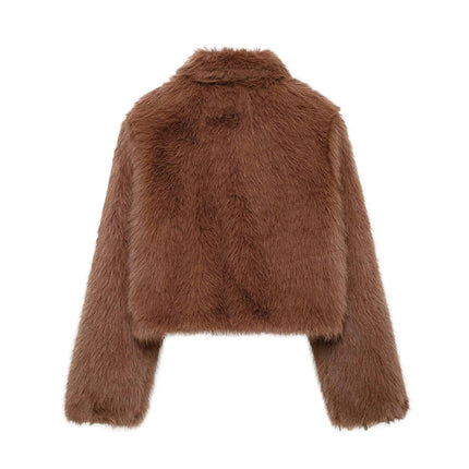 Womens Winter Outerwear Faux Fur Long Sleeve Zip Up Crop Jacket Shaggy Coat