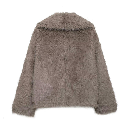 Women's Cropped Faux Fur Jacket Long Sleeve Lapel Warm Winter Coats Furry Outerwear