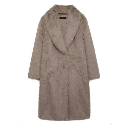 Women Winter Faux Fur Coats Lapel Long Sleeve Button Furry Fashion Mid Length Outerwear