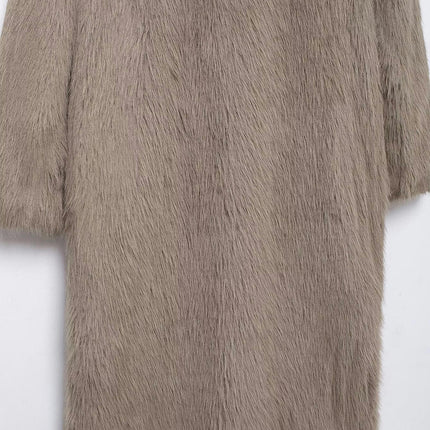 Women Winter Faux Fur Coats Lapel Long Sleeve Button Furry Fashion Mid Length Outerwear