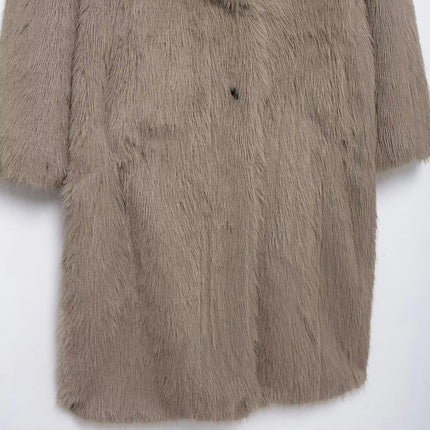 Women Winter Faux Fur Coats Lapel Long Sleeve Button Furry Fashion Mid Length Outerwear