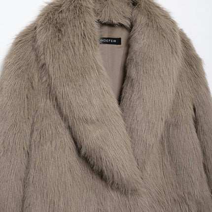 Women Winter Faux Fur Coats Lapel Long Sleeve Button Furry Fashion Mid Length Outerwear
