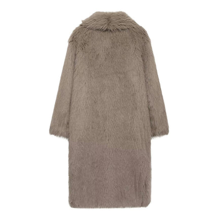 Women Winter Faux Fur Coats Lapel Long Sleeve Button Furry Fashion Mid Length Outerwear