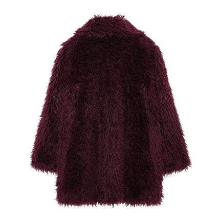 Women Faux Fur Winter Mid Length Coats Lapel Fuzzy Coat Warm Jacket Outerwear