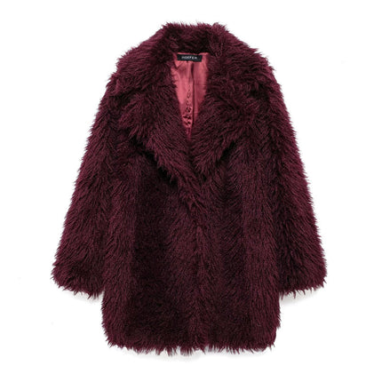 Women Faux Fur Winter Mid Length Coats Lapel Fuzzy Coat Warm Jacket Outerwear